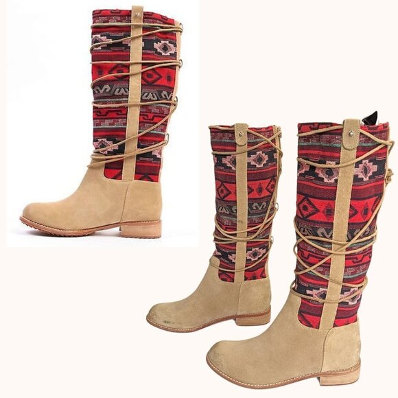 NWT MATT BERNSON Frontier Western TanRed Suede Tapestry Tall Riding Boots Sz 7.5 - Picture 1 of 10